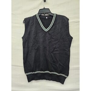 Unbranded Mens Charcoal Gray V-Neck Sweater Vest Green White‎ Striped Trim Large